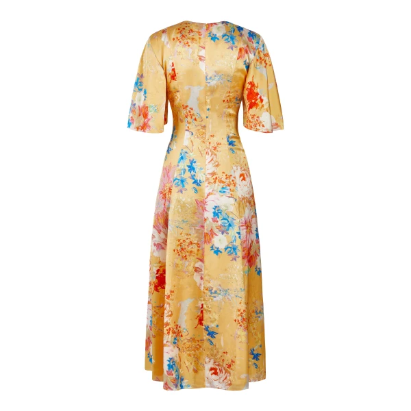 Markarian Sarah Yellow Printed Satin Midi Dress, view 6