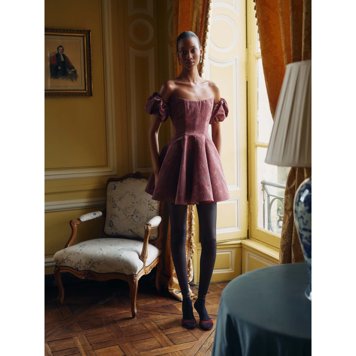 Markarian dress with romantic neckline and structured silhouette