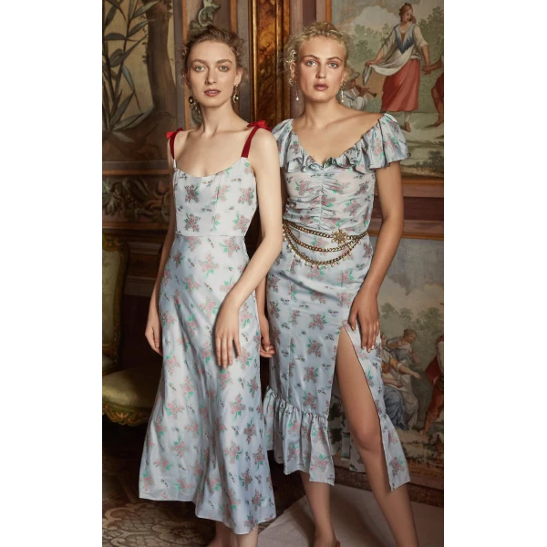 Markarian dress with romantic neckline and structured silhouette