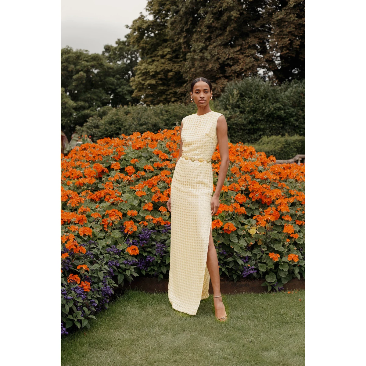 Markarian dress with romantic neckline and structured silhouette