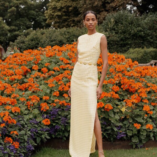 Markarian dress with romantic neckline and structured silhouette