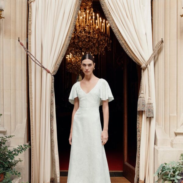 Markarian dress with romantic neckline and structured silhouette