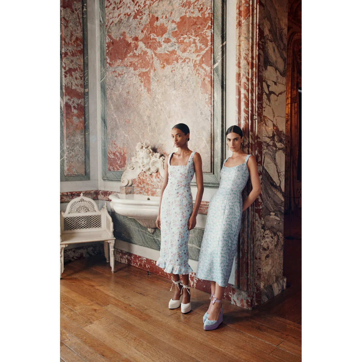 Markarian dress with romantic neckline and structured silhouette