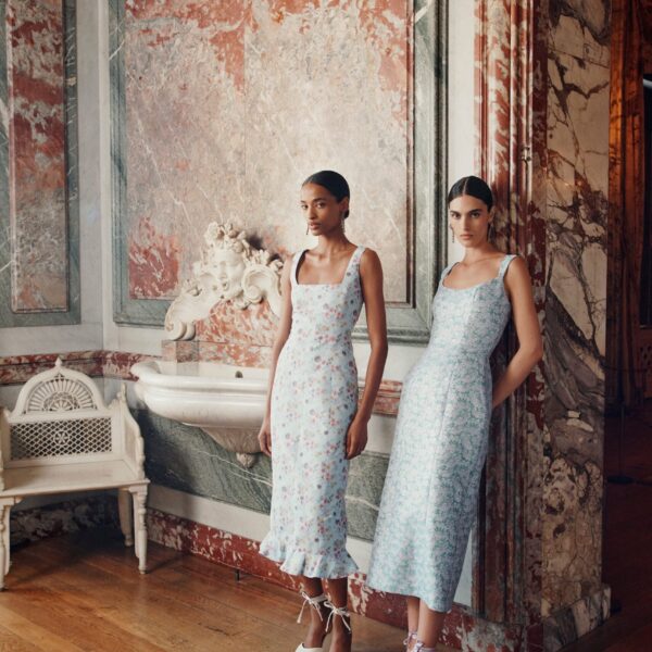 Markarian dress with romantic neckline and structured silhouette