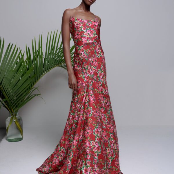 Markarian dress with romantic neckline and structured silhouette