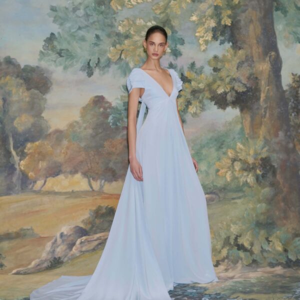 Markarian dress with romantic neckline and structured silhouette