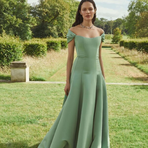 Markarian dress with romantic neckline and structured silhouette