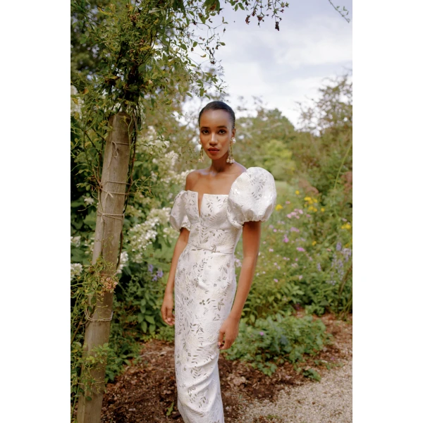 Markarian dress with romantic neckline and structured silhouette