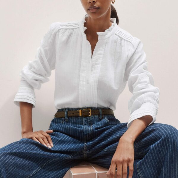 Me + Em Cheesecloth Pleat Detail Blouse – luxury British White in Me and Em exclusively at Coveti