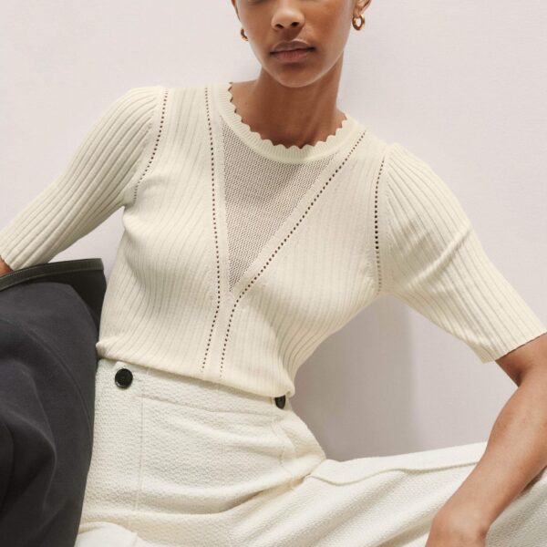 Me + Em Conceal + Reveal Lace Knit Slim Tee – luxury British Ivory in Me and Em exclusively at Coveti