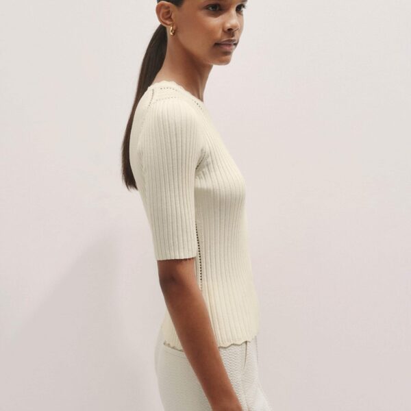 Me + Em Conceal + Reveal Lace Knit Slim Tee – luxury British Ivory in Me and Em exclusively at Coveti