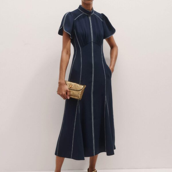 Me + Em Contrast Stitch Midi Dress – luxury British Blue in Me and Em exclusively at Coveti