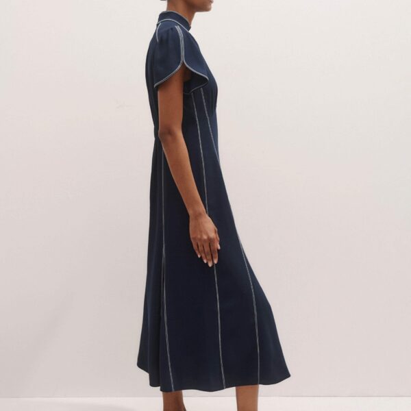 Me + Em Contrast Stitch Midi Dress – luxury British Blue in Me and Em exclusively at Coveti