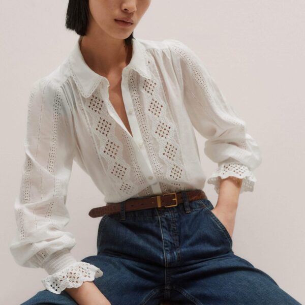 Me + Em Cotton Broderie Detail Straight Shirt – luxury British White in Me and Em exclusively at Coveti