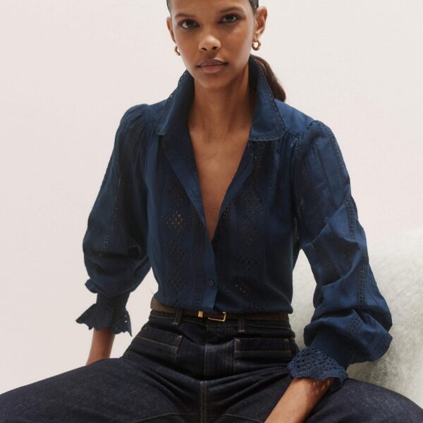Me + Em Cotton Broderie Detail Straight Shirt – luxury British Blue in Me and Em exclusively at Coveti