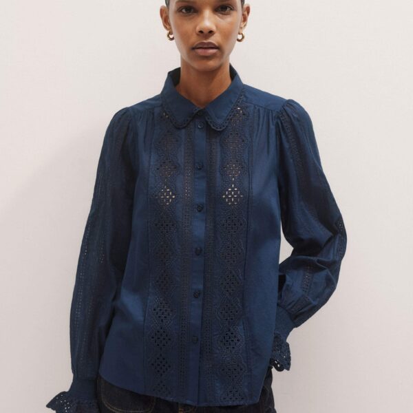 Me and Em Cotton Broderie Detail Straight Shirt – luxury British Blue in Me and Em exclusively at Coveti