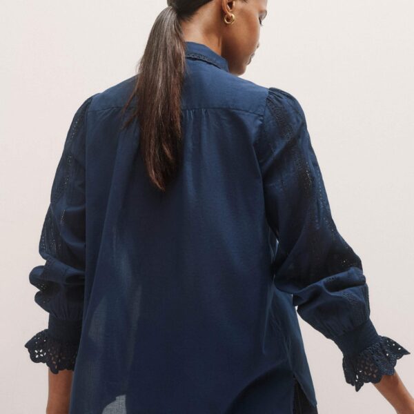 Me and Em Cotton Broderie Detail Straight Shirt – luxury British Blue in Me and Em exclusively at Coveti