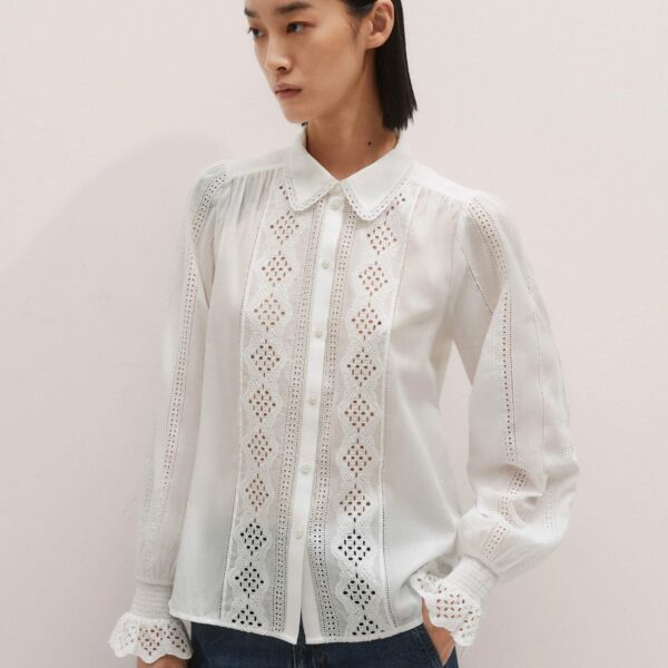 Me and Em Cotton Broderie Detail Straight Shirt – luxury British White in Me and Em exclusively at Coveti