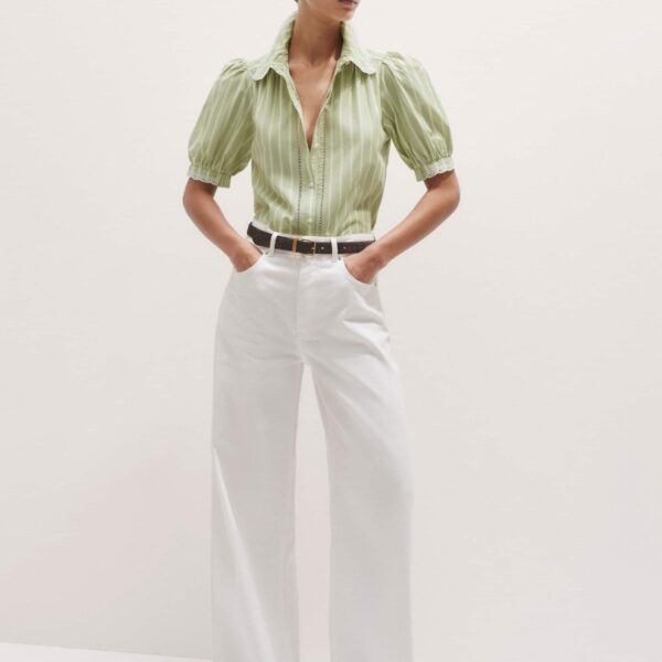 Me + Em Cotton Stripe Lace Trim Blouse – luxury British Green in Me and Em exclusively at Coveti