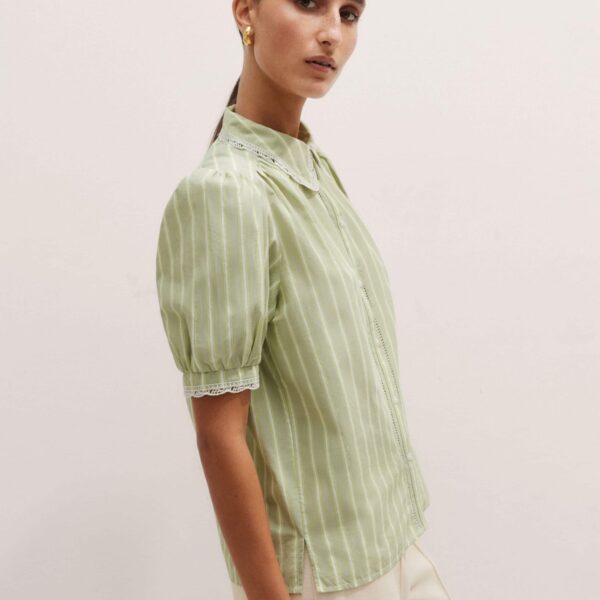 Me + Em Cotton Stripe Lace Trim Blouse – luxury British Green in Me and Em exclusively at Coveti