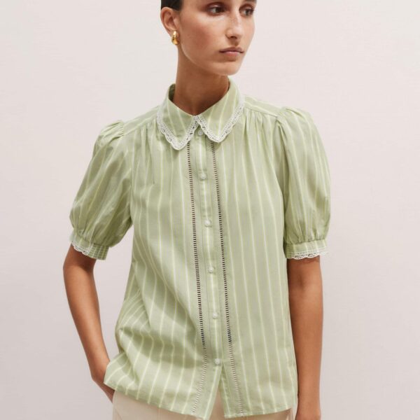Me and Em Cotton Stripe Lace Trim Blouse – luxury British Green in Me and Em exclusively at Coveti