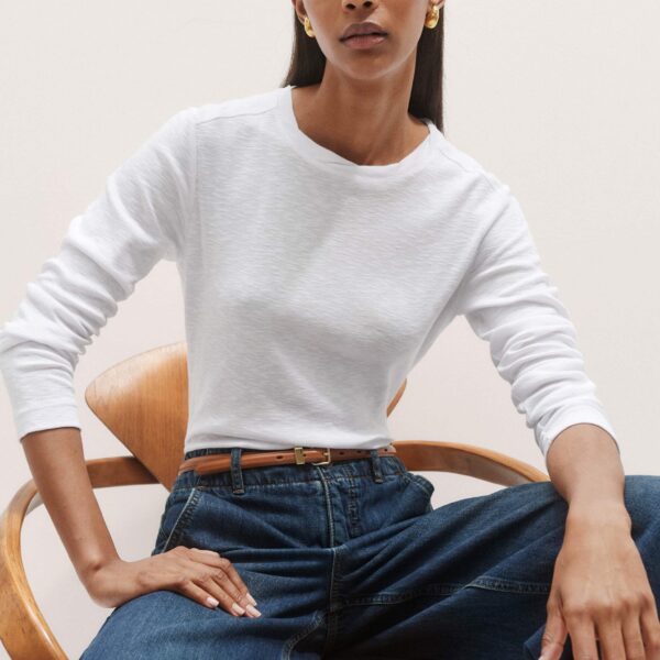 Me + Em Crew Neck Long Sleeve Tee – luxury British White in Me and Em exclusively at Coveti