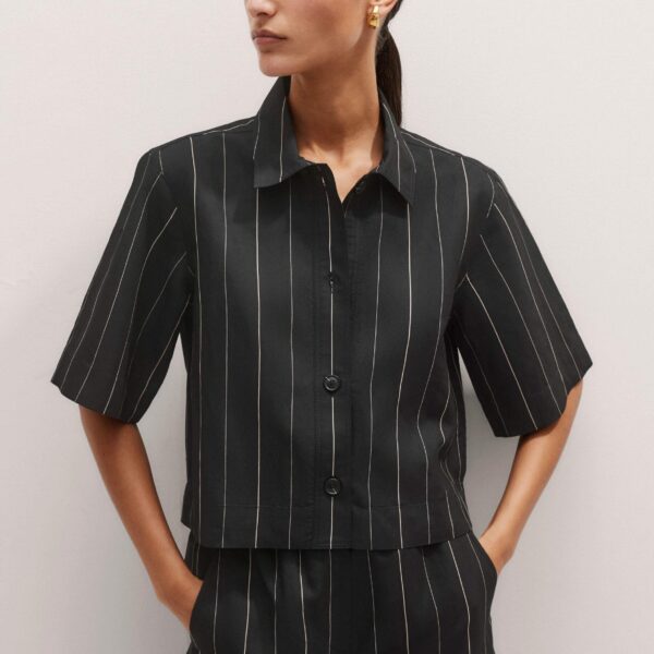 Me + Em Fluid Crop Pinstripe Shirt – luxury British Black in Me and Em exclusively at Coveti