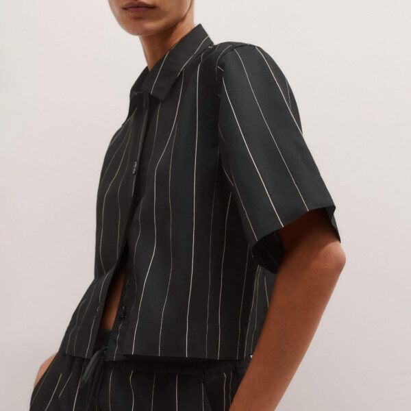 Me + Em Fluid Crop Pinstripe Shirt – luxury British Black in Me and Em exclusively at Coveti
