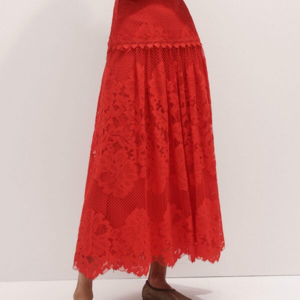 Me and Em Graphic Floral Lace Maxi Skirt – luxury British Red in Me and Em exclusively at Coveti