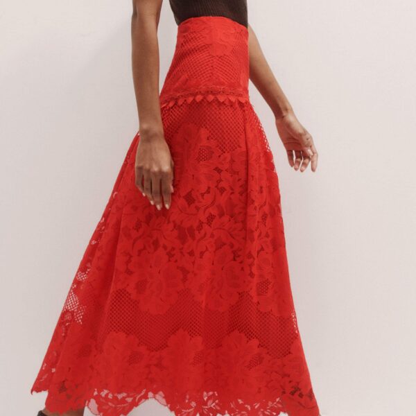Me and Em Graphic Floral Lace Maxi Skirt – luxury British Red in Me and Em exclusively at Coveti