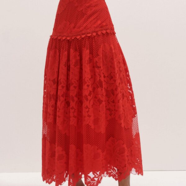 Me and Em Graphic Floral Lace Maxi Skirt – luxury British Red in Me and Em exclusively at Coveti