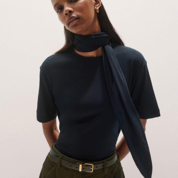 Me + Em Impossibly Soft Scarf Neck Classic Tee – luxury British Blue in Me and Em exclusively at Coveti