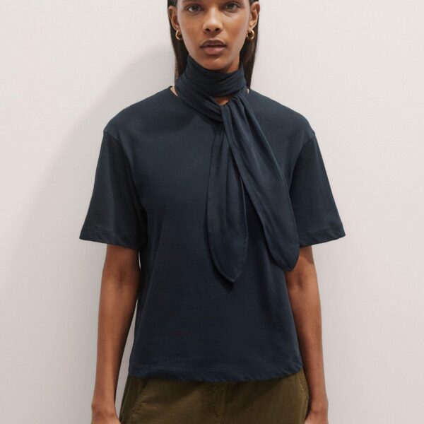 Me and Em Impossibly Soft Scarf Neck Classic Tee – luxury British Blue in Me and Em exclusively at Coveti