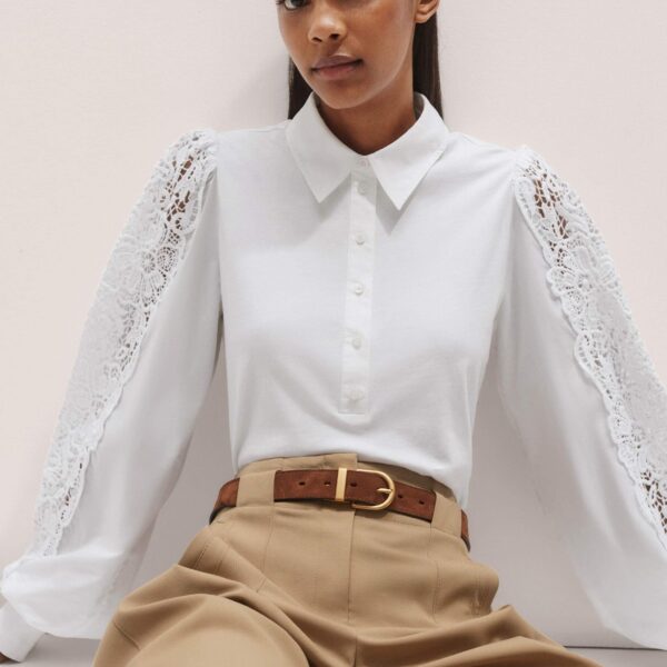 Me + Em Lace + Poplin Layering Shirt – luxury British White in Me and Em exclusively at Coveti