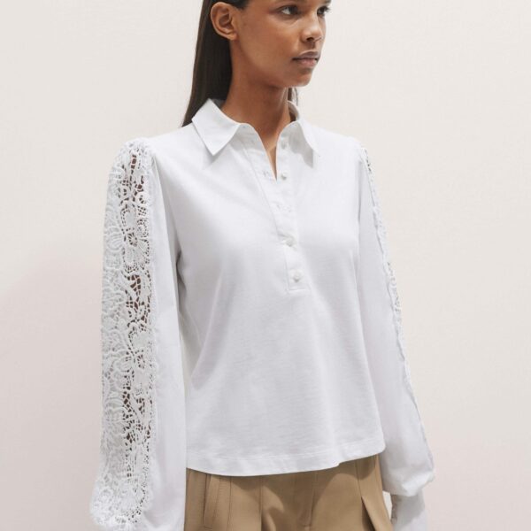 Me + Em Lace + Poplin Layering Shirt – luxury British White in Me and Em exclusively at Coveti