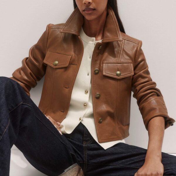 Me + Em Leather Utility Crop Jacket – luxury British Brown in Me and Em exclusively at Coveti