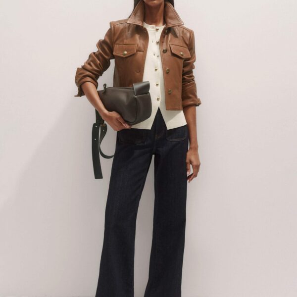 Me + Em Leather Utility Crop Jacket – luxury British Brown in Me and Em exclusively at Coveti