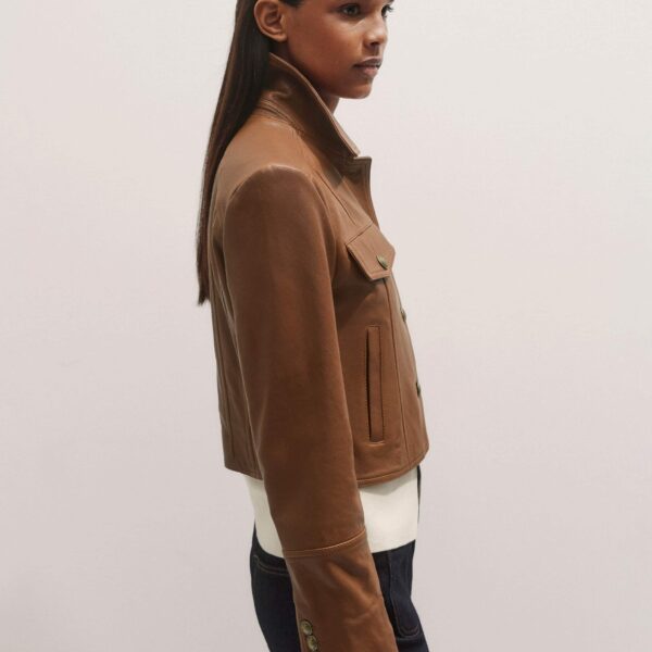 Me + Em Leather Utility Crop Jacket – luxury British Brown in Me and Em exclusively at Coveti