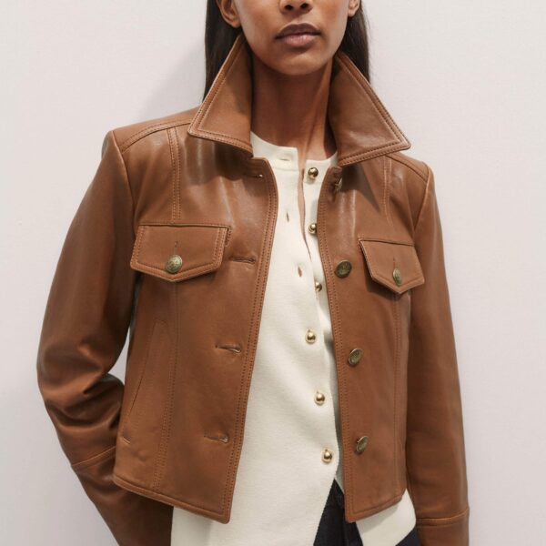 Me and Em Leather Utility Crop Jacket – luxury British Brown in Me and Em exclusively at Coveti
