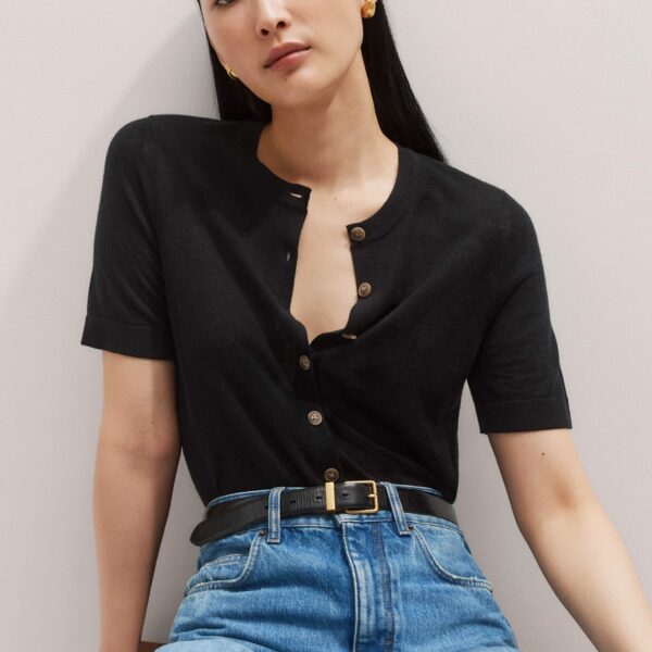 Me and Em Merino Cashmere Barely There Buttoned Knit Tee – luxury British Black in Me and Em exclusively at Coveti