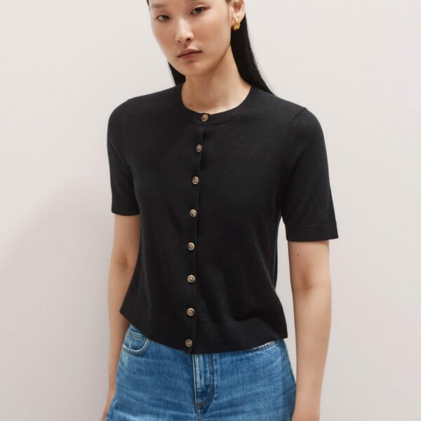 Me and Em Merino Cashmere Barely There Buttoned Knit Tee – luxury British Black in Me and Em exclusively at Coveti