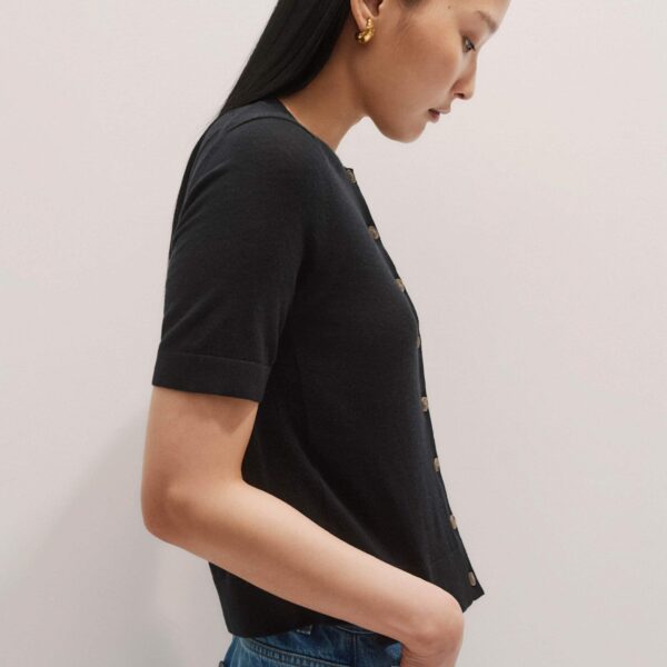 Me + Em Merino Cashmere Barely There Buttoned Knit Tee – luxury British Black in Me and Em exclusively at Coveti