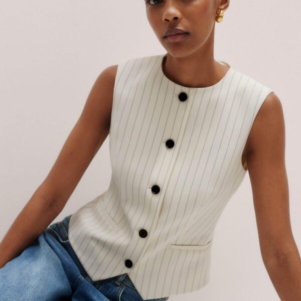 Me + Em Round Neck Pinstripe Tailored Vest – luxury British Ivory in Me and Em exclusively at Coveti