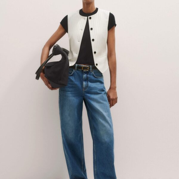 Me + Em Round Neck Pinstripe Tailored Vest – luxury British Ivory in Me and Em exclusively at Coveti