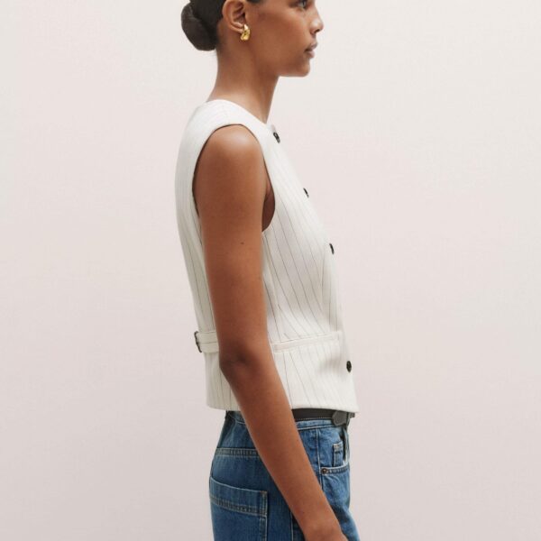 Me + Em Round Neck Pinstripe Tailored Vest – luxury British Ivory in Me and Em exclusively at Coveti