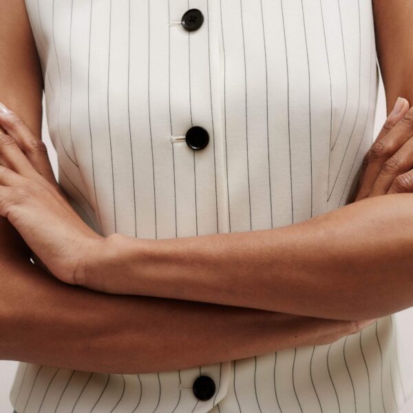 Me and Em Round Neck Pinstripe Tailored Vest – luxury British Ivory in Me and Em exclusively at Coveti