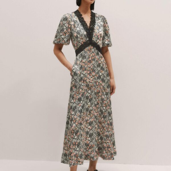 Me + Em Satin Lace Detail Maxi Dress – luxury British Multicolour in Me and Em exclusively at Coveti