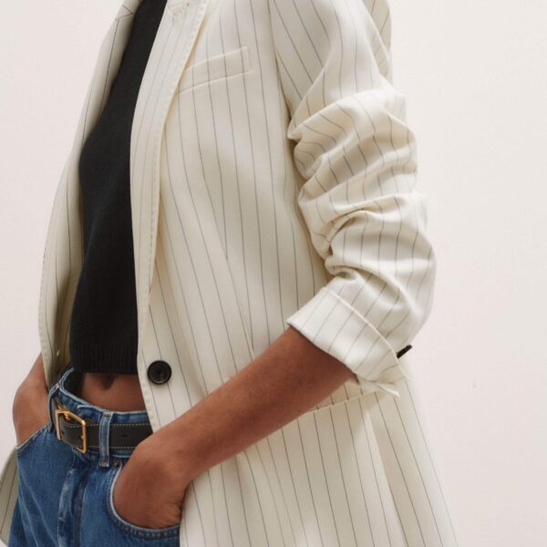 Me + Em Sharp Shoulder Pinstripe Blazer – luxury British Ivory in Me and Em exclusively at Coveti
