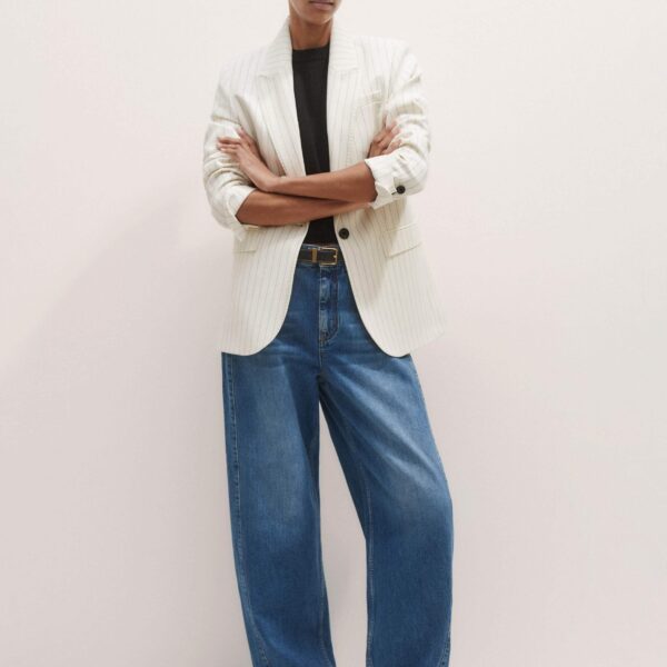 Me + Em Sharp Shoulder Pinstripe Blazer – luxury British Ivory in Me and Em exclusively at Coveti