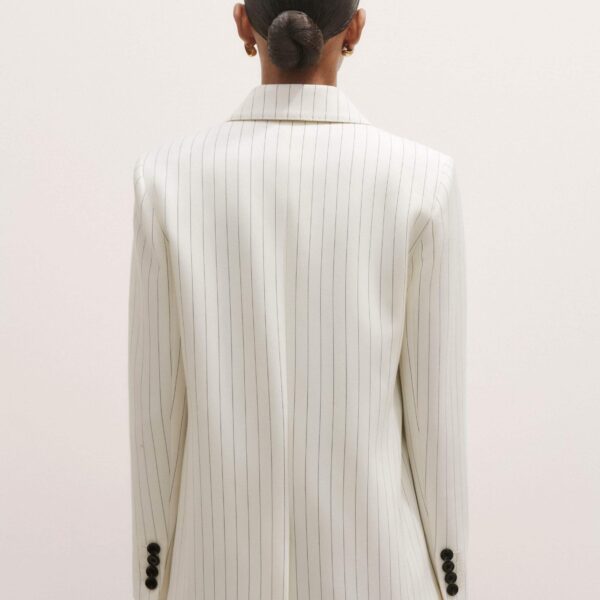 Me + Em Sharp Shoulder Pinstripe Blazer – luxury British Ivory in Me and Em exclusively at Coveti